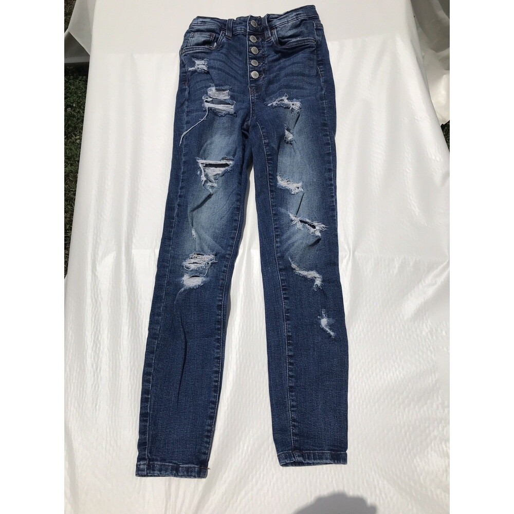 Y2k hot kiss mid rise Skinny leg ripped distressed medium wash size 1 jeans